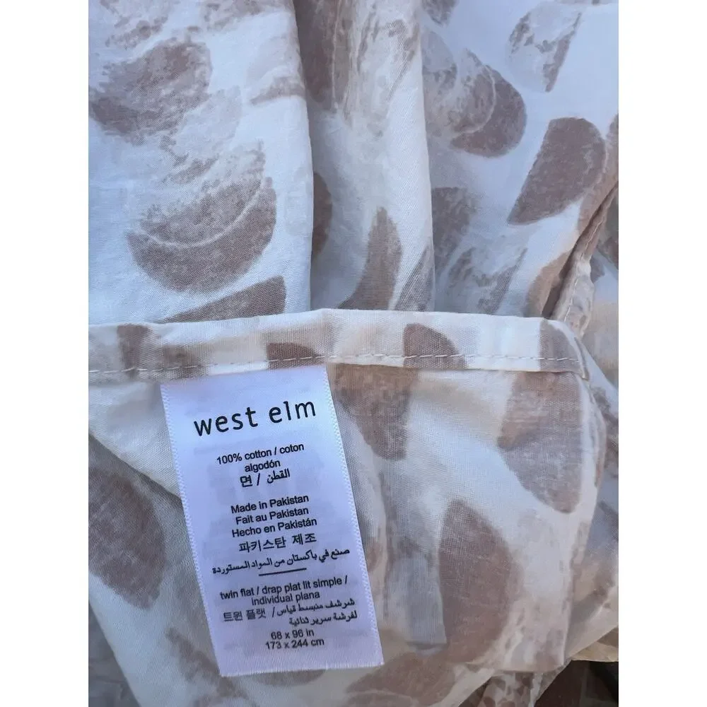 west elm Watercolor Leaf Single Twin Flat Sheet 100% Cotton, White Greige